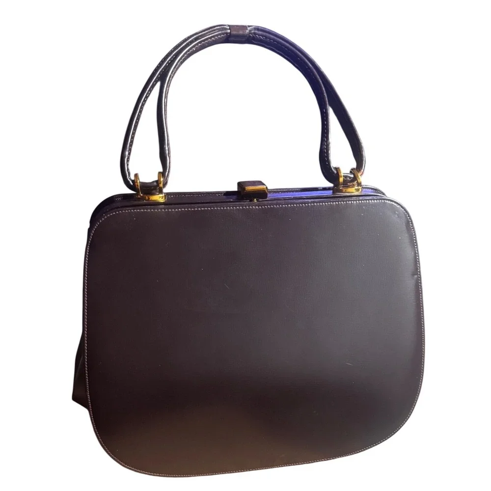Vintage60's Susan Gail Dark Brown Leather Structured Bag Brass Hardware 8x9.75x4